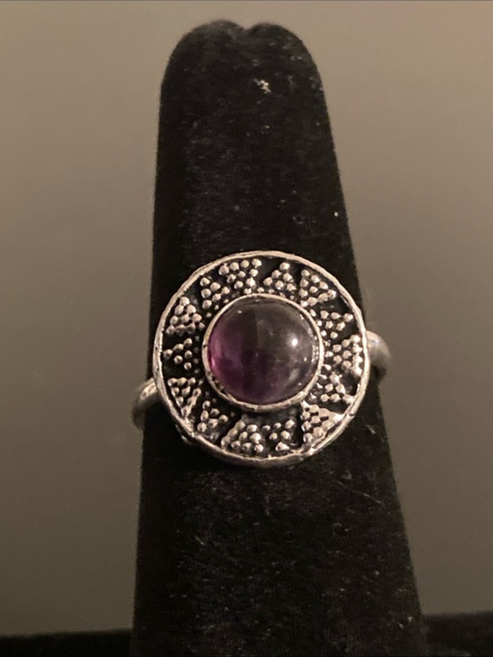 Amethyst Cabochon Sunburst Silver Ring - Women Jewelry size 6